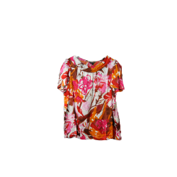 Blouse en soie Tara Jarmon à imprimé floral rose et orange, encolure drapée