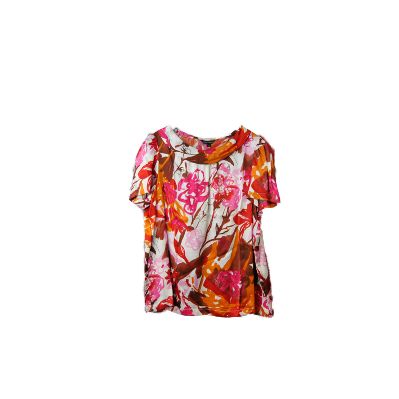 Blouse en soie Tara Jarmon à imprimé floral rose et orange, encolure drapée